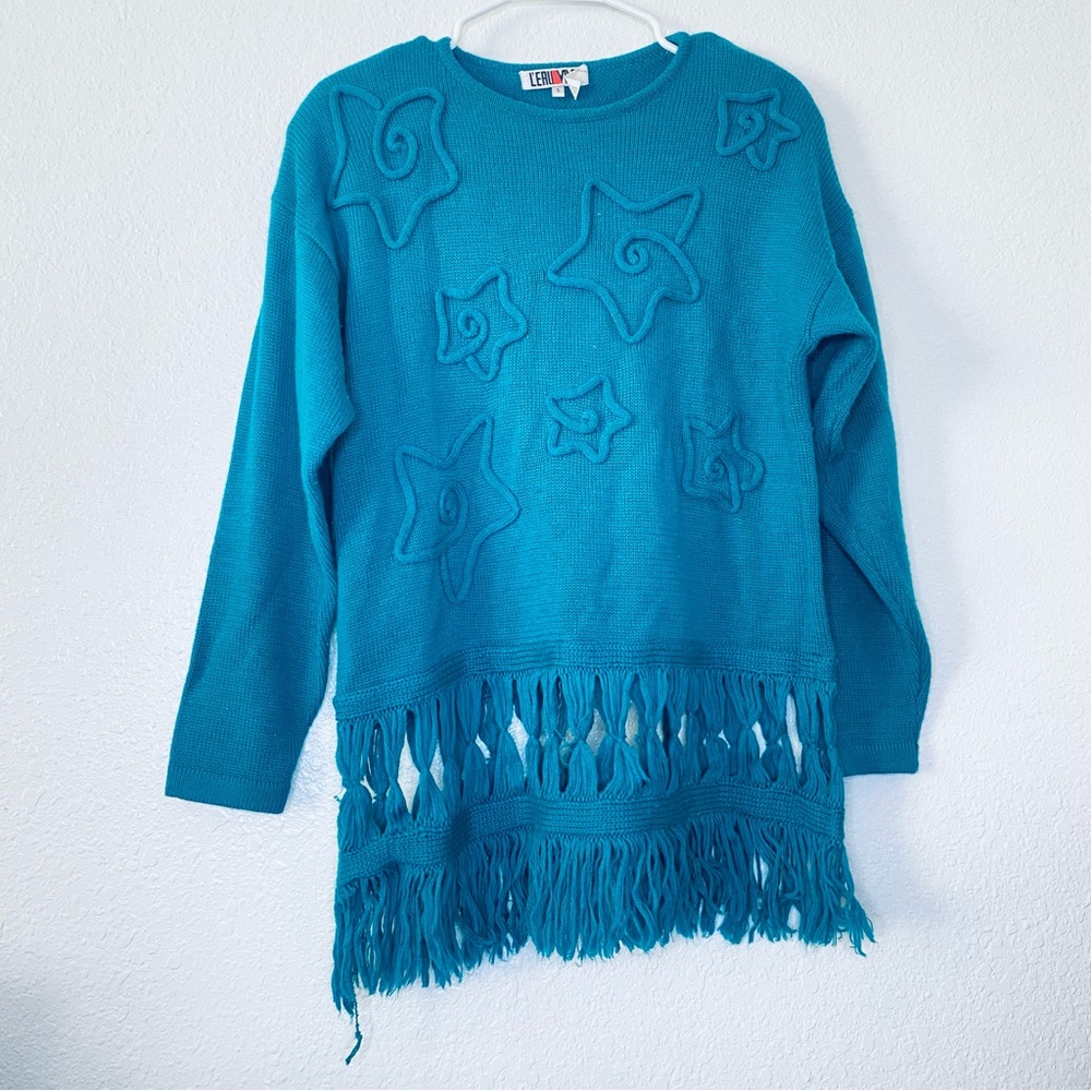 🍓 L’EAU VIVE Vintage Boho Stars Wool Blend Fringe Macrame Hem Knit Sweater Small